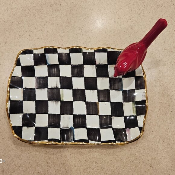 MACKENZIE CHILDS CARDINAL COURTLY CHECK AURORA CERAMIC TRAY RING HOLDER DISH - Picture 2 of 13